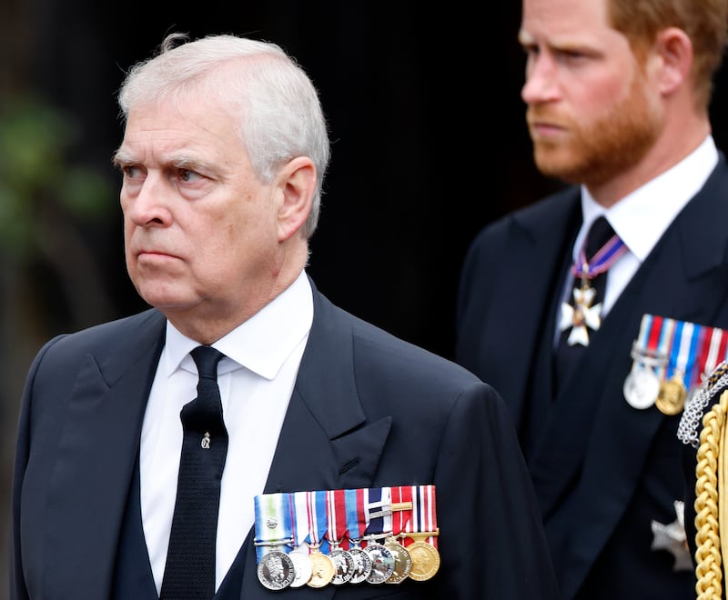 Prince Andrew, Duke of York and Prince Harry, Duke of Sussex attend the Committal Service for Queen Elizabeth II at St George's Chapel, Windsor Castle on September 19, 2022 in Windsor, England. The committal service at St George's Chapel, Windsor Castle, took place following the state funeral at Westminster Abbey. A private burial in The King George VI Memorial Chapel followed. Queen Elizabeth II died at Balmoral Castle in Scotland on September 8, 2022, and is succeeded by her eldest son, King Charles III. (Photo by Max Mumby/Indigo/Getty Images)