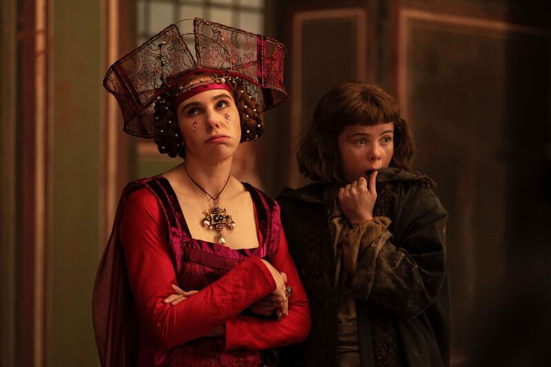 A still from Netflix’s The Decameron showing Zosia Mamet as Pampinea and Saoirse-Monica Jackson as Misia