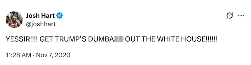Knicks player Josh Hart's reaction on X to Donald Trump in 2020.