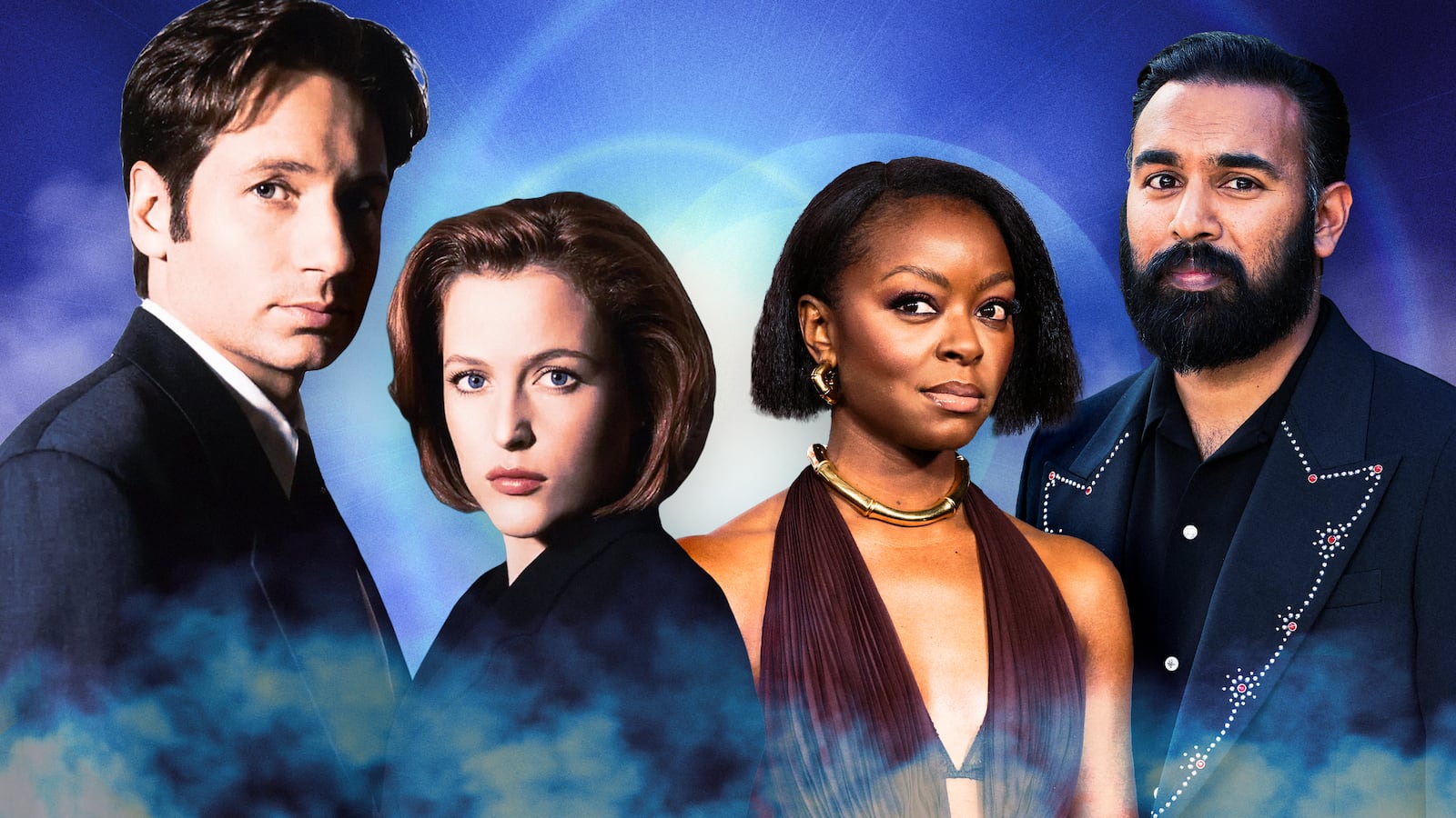 A photo illustration of David Duchovny, Gillian Anderson, Danielle Deadwyler and Himesh Patel for the X-Files.