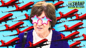 A photo illustration of Sen. Susan Collins and private jets for The Swamp Midterm Meltdown.