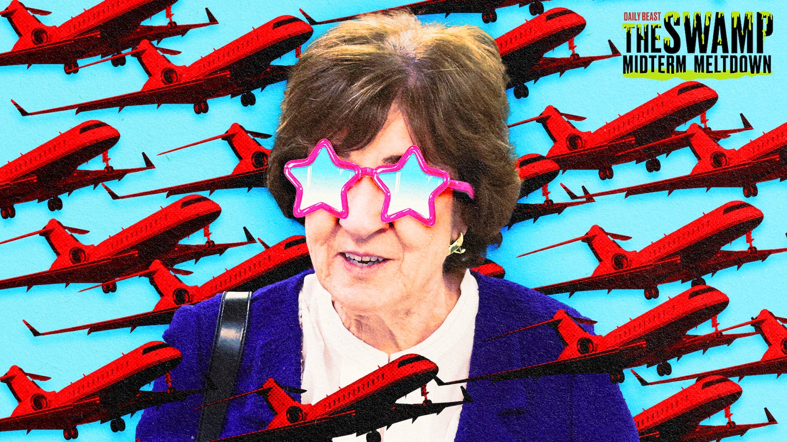 A photo illustration of Sen. Susan Collins and private jets for The Swamp Midterm Meltdown.