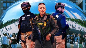 A photo illustration of Chief Patrol Agent of the El Centro Sector for U.S. Customs and Border Protection Gregory Bovino and immigration agents in front of The Bean Cloud Gate in Chicago.