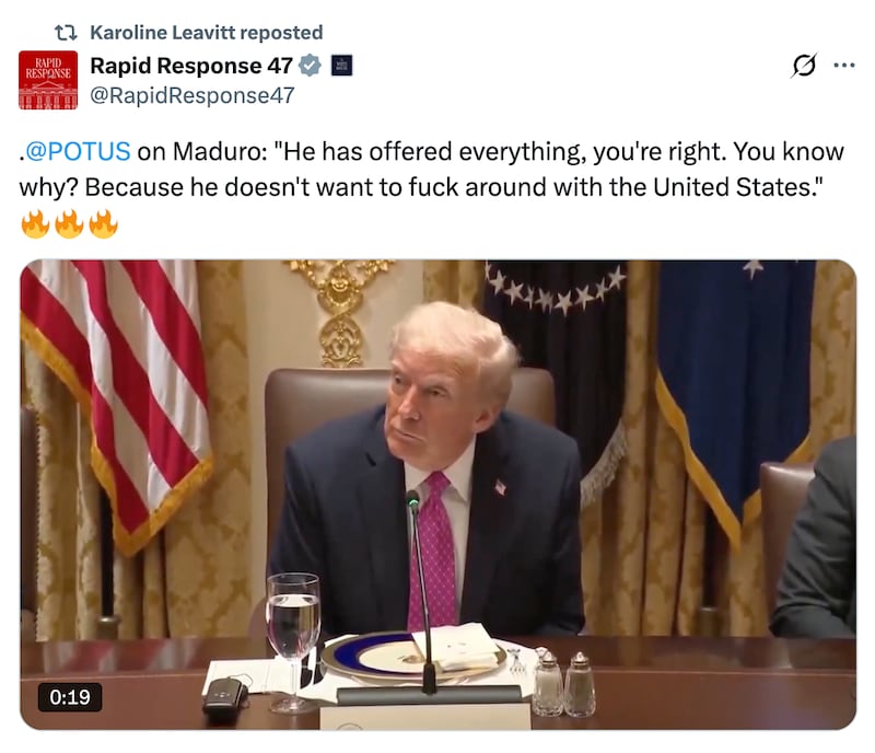 Screengrab of Karoline Leavitt reposting Trump video.