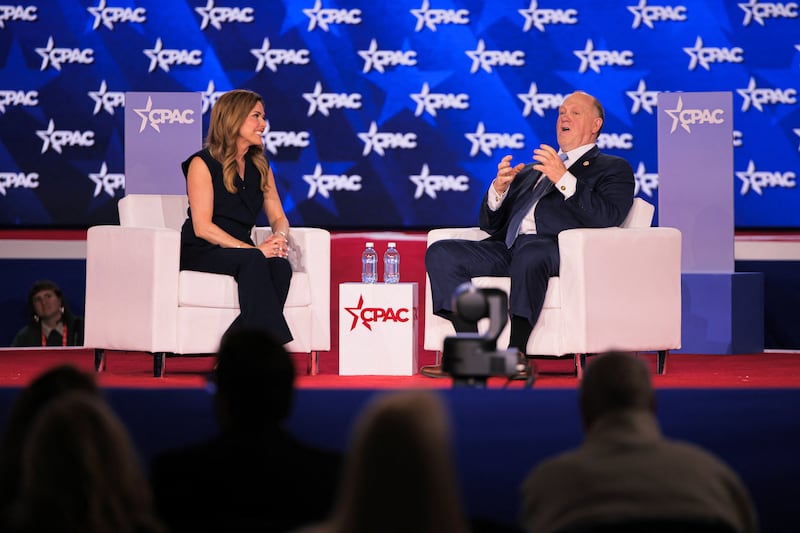 CPAC senior fellow Mercedes Viana Schlapp and U.S. Border Czar Tom Homan chat during the 2026 Conservative Political Action Conference (CPAC) in Grapevine, Texas, U.S. March 26, 2026. REUTERS/Daniel Cole