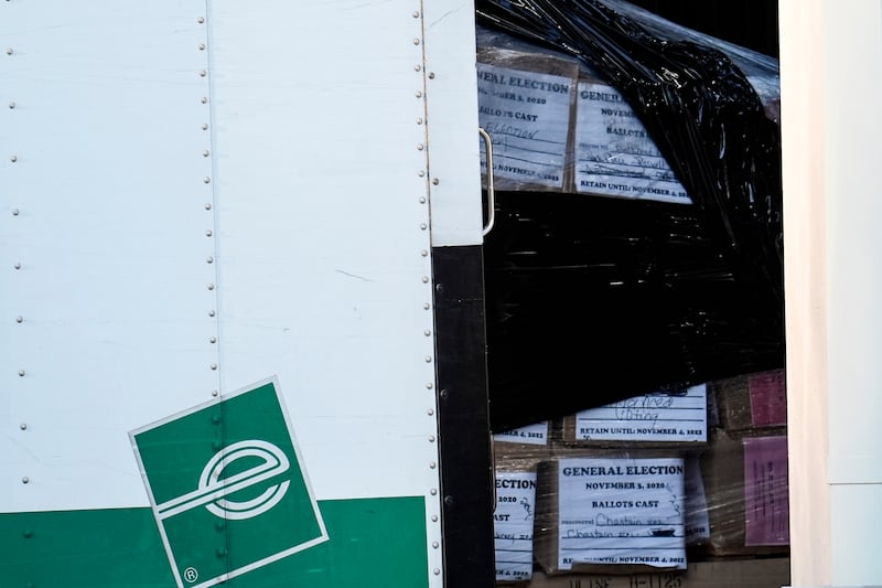 Georgia General Election 2020 ballots are loaded by the FBI onto trucks at the Fulton County Election HUB,