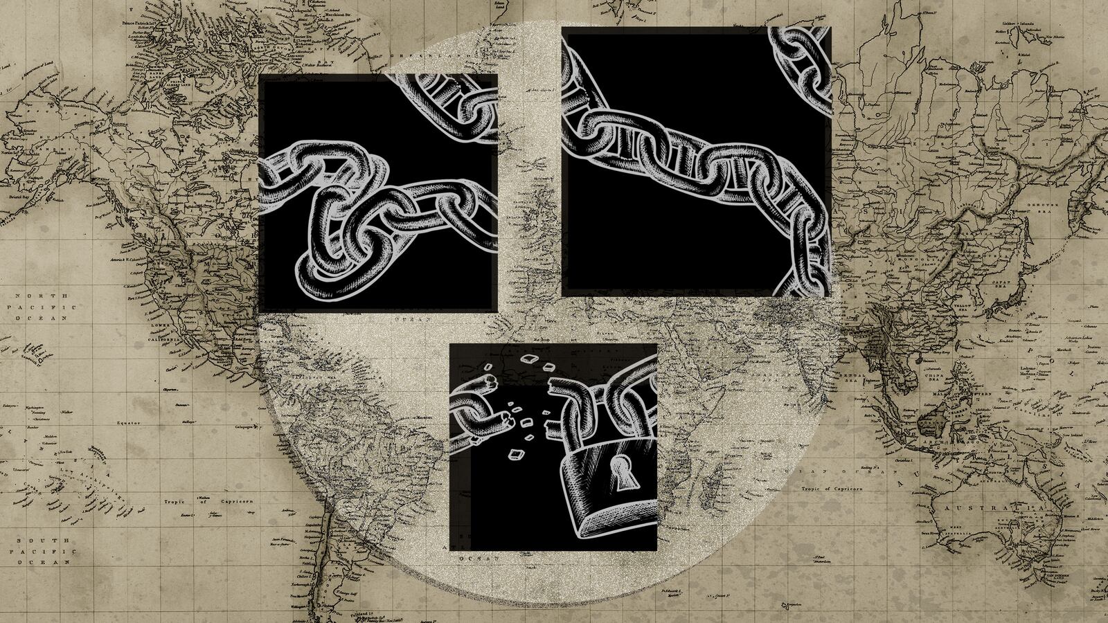 A photo illustration showing a map of the world with chains.