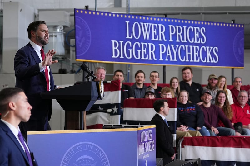 PLOVER, WISCONSIN - FEBRUARY 26:  U.S. Vice President JD Vance speaks at Pointe Precision on February 26, 2026 in Plover, Wisconsin. Following the State of the Union, Vance is visiting the Pointe Precision machining facility. (Photo by Matt Rourke-Pool/Getty Images)