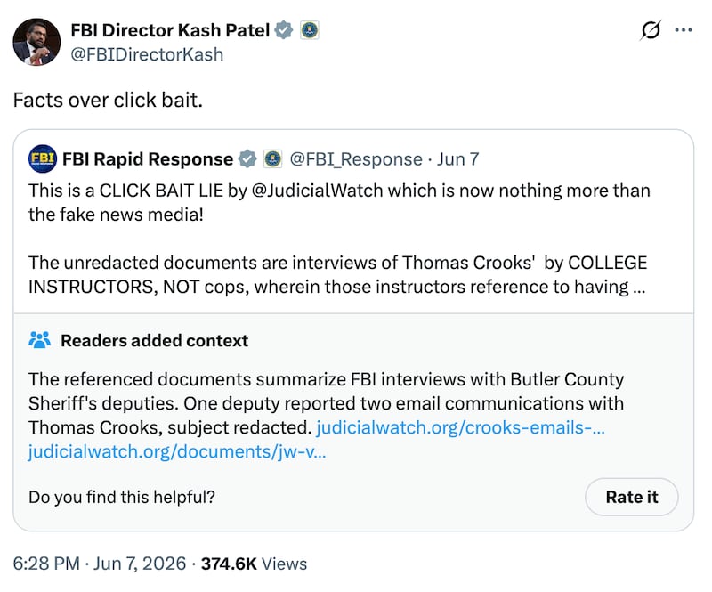 Kash Patel's X.com post criticizing Judicial Watch.