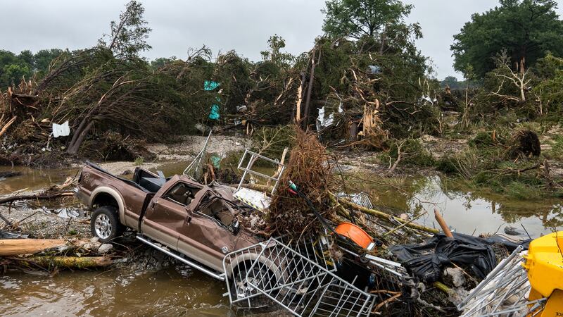 Flood waters left debris including vehicles and equipment scattered in Louise Hays Park on July 5, 2025 in Kerrville, Texas. Heavy rainfall caused flooding along the Guadalupe River in central Texas with multiple fatalities reported