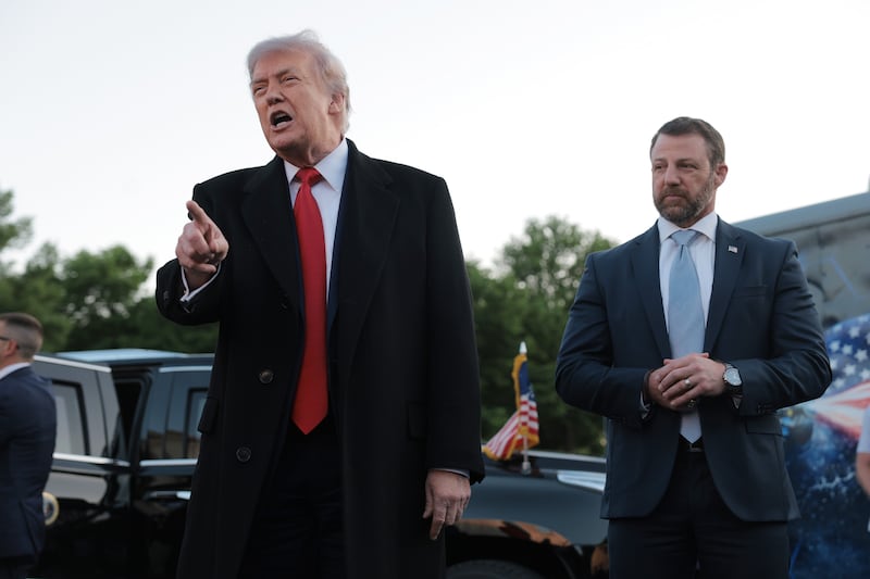 President Donald Trump speaks to reporters as he inspects the painting of the Lincoln Memorial Reflecting Pool basin on May 07, 2026 in Washington, DC.