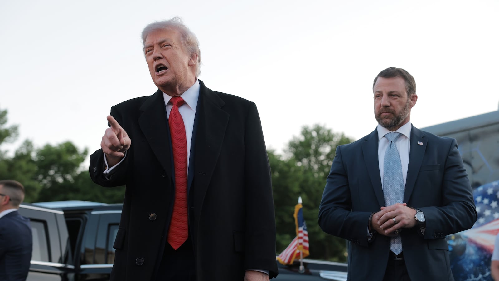 President Donald Trump speaks to reporters as he inspects the painting of the Lincoln Memorial Reflecting Pool basin on May 07, 2026 in Washington, DC.