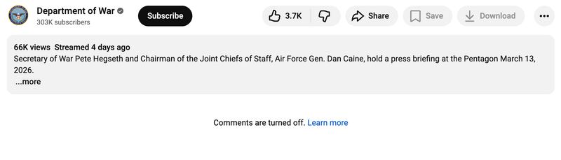 screenshot of comments section on Hegseth's YouTube channel