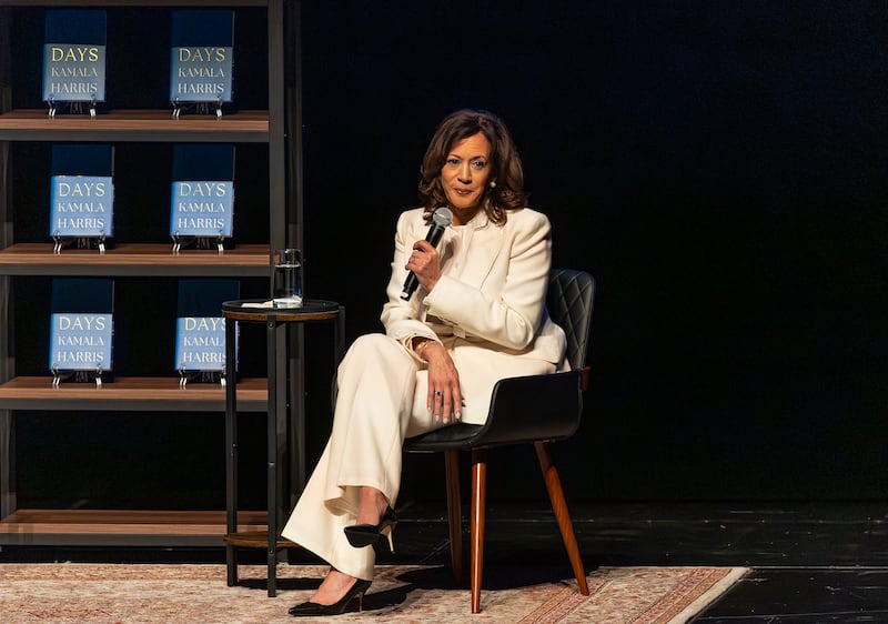 Former U.S. Vice President Kamala Harris speaks during her "107 Days" book tour at the Ziff Ballet Opera House at the Adrienne Arsht Center for the Performing Arts on Thursday, Nov. 20, 2025, in downtown Miami.
