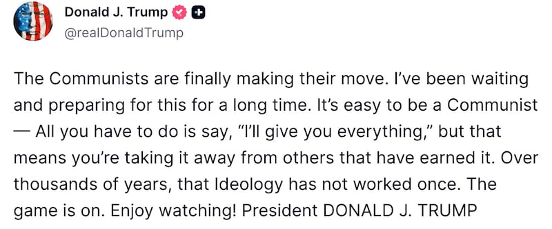 Donald Trump warns about the rise of communism.