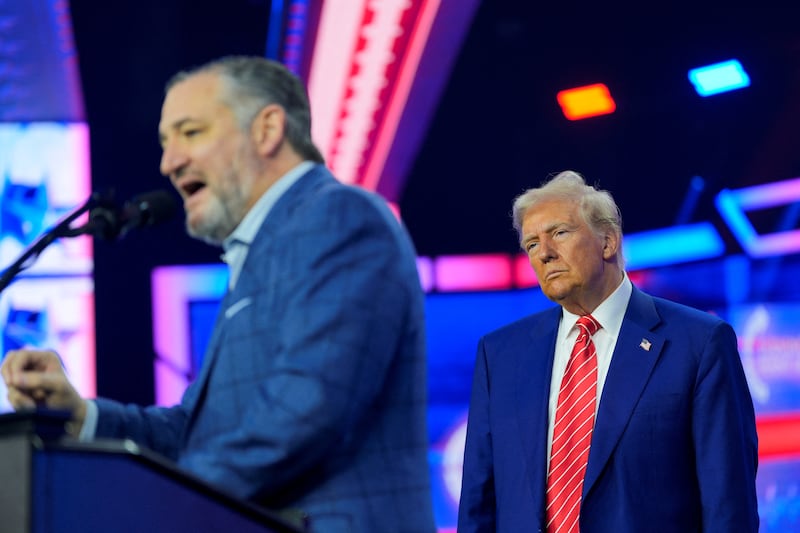 Ted Cruz (R-TX) speaks next to U.S. Donald Trump at Turning Point USA's AmericaFest in Phoenix, Arizona, U.S., December 22, 2024.