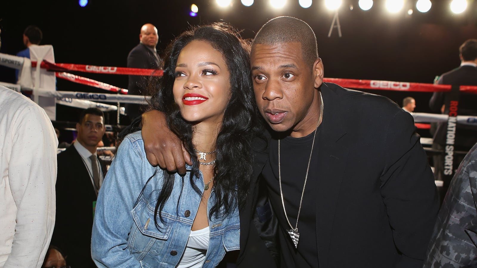 Rihanna and Jay Z attend 2015 Throne Boxing Fight Night at The Theater at Madison Square Garden on January 9, 2015 in New York City.
