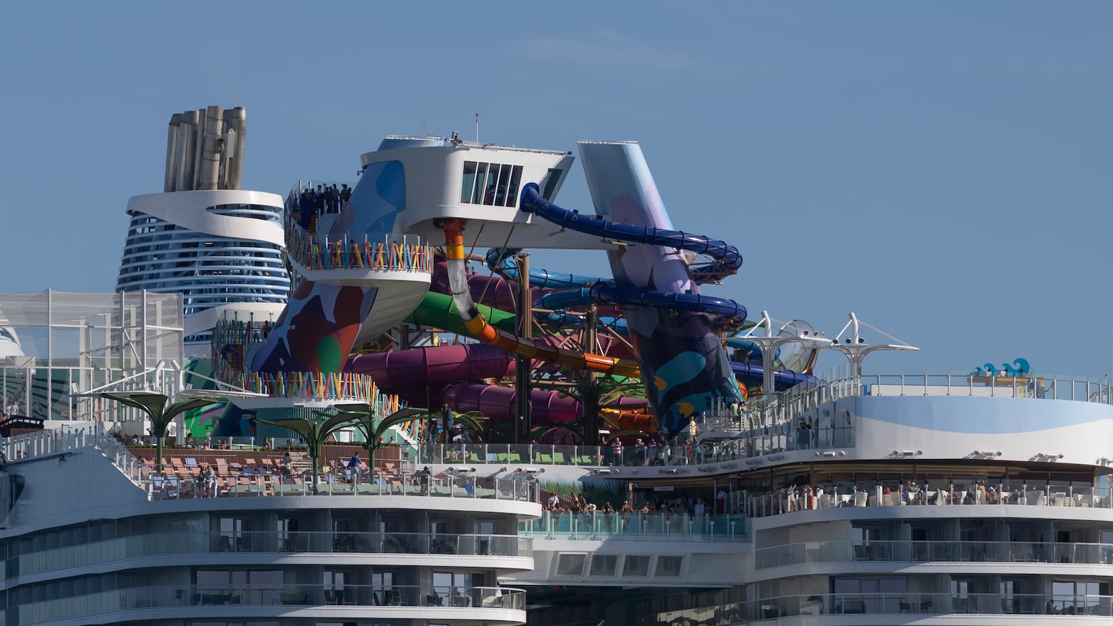 The Royal Caribbean's Icon of the Seas, billed as the world's largest cruise ship, is moored at PortMiami after returning from its maiden voyage on February 03, 2024, in Miami, Florida. The 1,197-foot long ship cost $1.79 billion to build, has 20 decks, and can hold a maximum of 7,600 people.