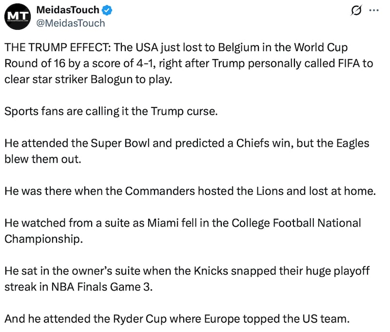 MeidasTouch raise the concept of a "Trump curse" with sports.
