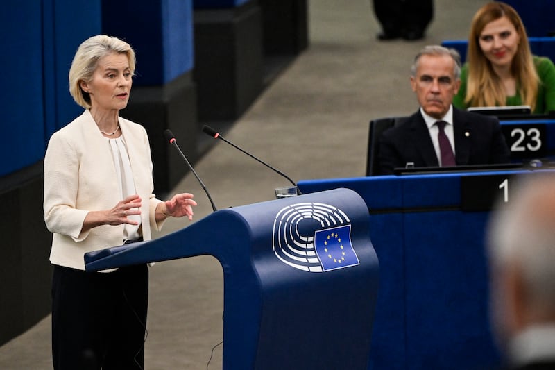 European Commission President Ursula von der Leyen delivers a speech near Canada's Prime Minister Mark Carney (2R) during her annual State of the Union address at a plenary session of the European Parliament in Strasbourg, eastern France on September 16, 2026.