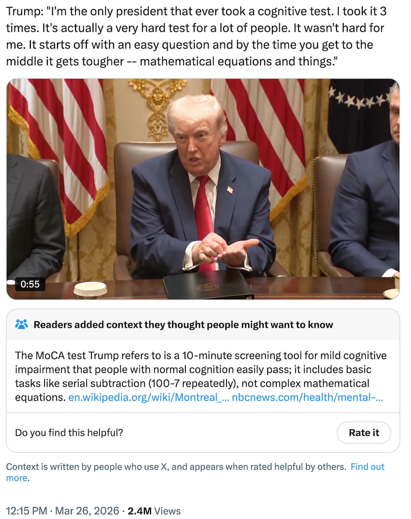 A community note quickly undercut President Donald Trump’s claims about a “cognitive test” on Thursday.