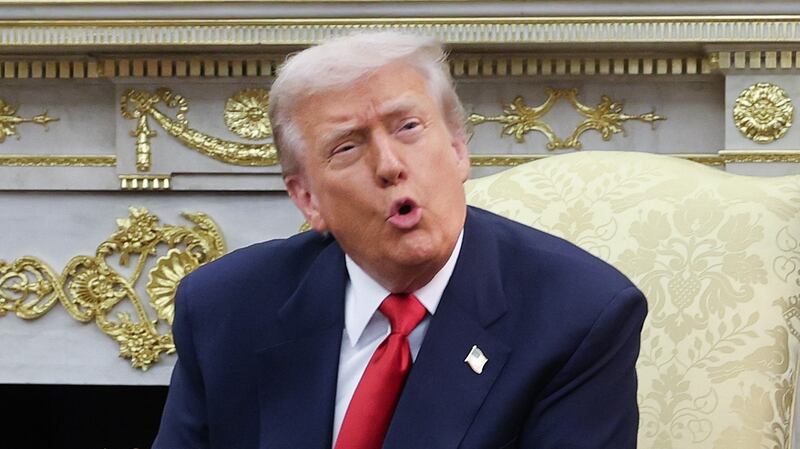 WASHINGTON, DC - NOVEMBER 18: U.S. President Donald Trump (R) responds to a question where Crown Prince and Prime Minister Mohammed bin Salman of Saudi Arabia was asked about the death of Saudi journalist Jamal Ahmad Hamza Khashoggi during a bilateral meeting in the Oval Office of the White House on November 18, 2025 in Washington, DC. Trump is hosting the crown prince for meetings aimed at strengthening economic and defense ties, including the U.S. sale of F-35 fighter jets to Saudi Arabia. (Photo by Win McNamee/Getty Images)