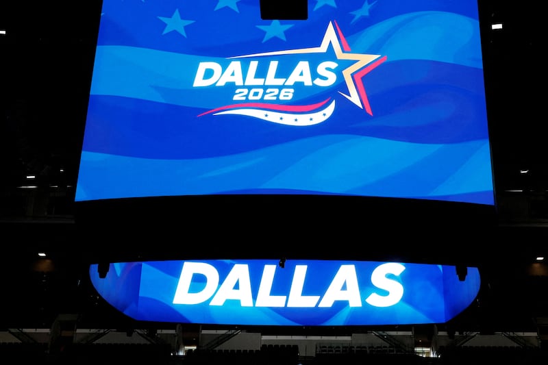 FILE PHOTO: The video board inside the American Airlines Center displays the logo for the upcoming Republican Midterm Convention during a media walkthrough in Dallas, Texas, U.S., August 5, 2026.