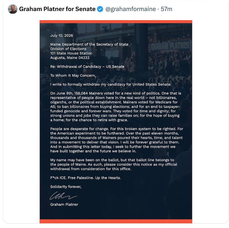 Graham Platner officially quits Maine Senate race.