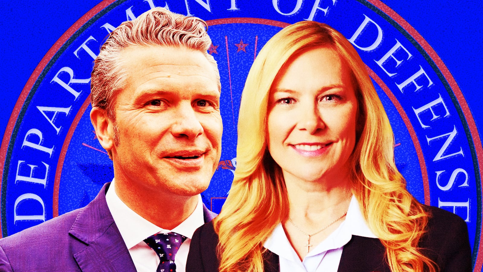 A photo illustration of Pete Hegseth and Tami Radabaugh.