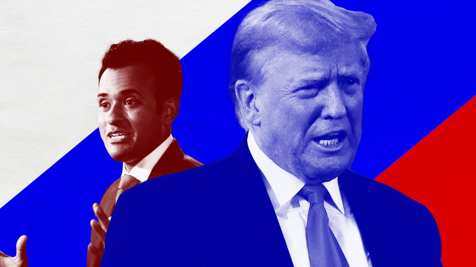 A photo illustration showing Ramaswamy and Trump in front of a Russian flag.