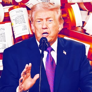 A photo illustration of Trump and prescription bottles.