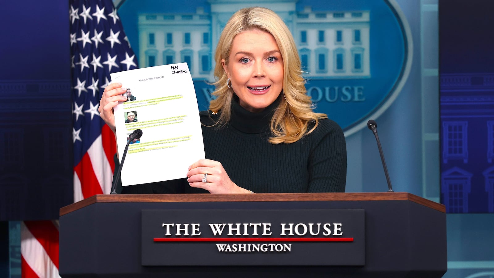 White House Press Secretary Karoline Leavitt references a list of alleged criminals arrested in ICE operations during a news briefing in the James S. Brady Press Briefing Room of the White House on January 26, 2026 in Washington, DC.