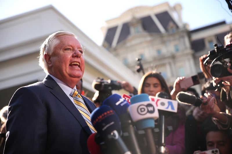 WASHINGTON, DC - FEBRUARY 28: U.S. Sen. Lindsey Graham (R-SC) speaks to reporters outside of the White House on February 28, 2025 in Washington, DC. Graham spoke on heated Oval Office meeting between Ukrainian President Volodymyr Zelensky, U.S. President Donald Trump and Vice President JD Vance. (Photo by Andrew Harnik/Getty Images)