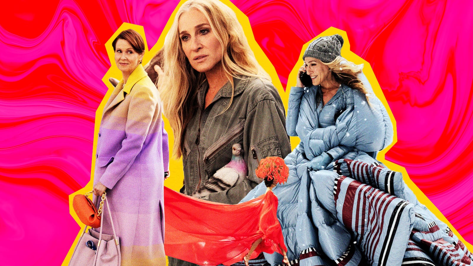 A photo illustration showing Carrie Bradshaw, Miranda Hobbes and Lisa Todd Wexley in ridiciulous outfits on And Just Like That.