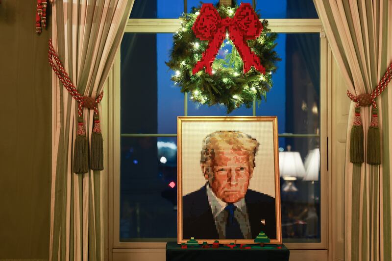 WASHINGTON, DC - DECEMBER 01: A lego portrait of U.S. President Donald Trump is seen in the Green Room during an advance tour of the 2025 White House Christmas decorations on December 01, 2025 in Washington, DC. The theme for this year's White House Christmas decorations is