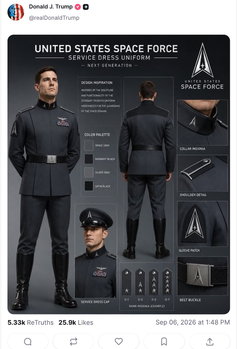The uniforms are inspired by "Starship Troopers," Trump acknowledged.