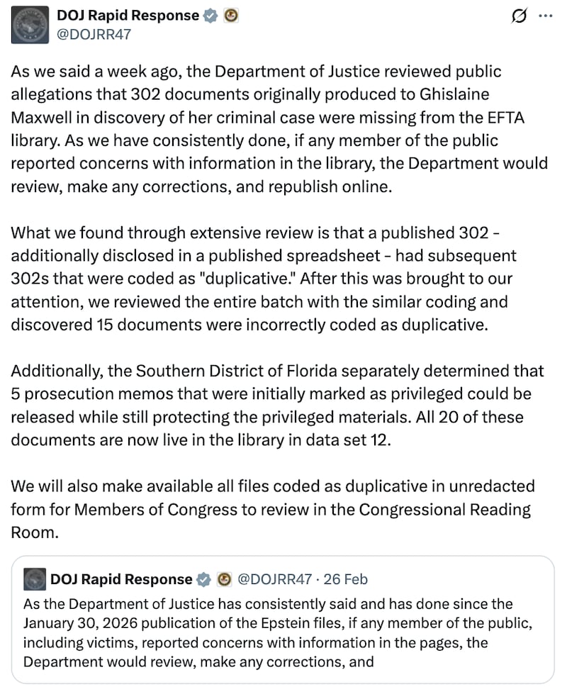 DOJ Rapid Response X post about Trump allegations in FBI interviews released as part of the Epstein files