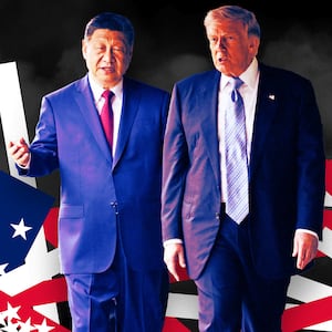 A photo illo illustration of Xi Jinping and Donald Trump and a broken US flag.