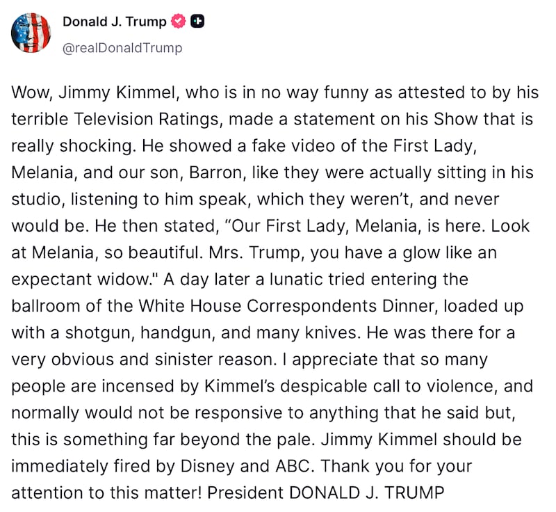 One of Donald Trump's Truth Social posts calling for Jimmy Kimmel to lose his job.