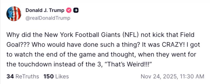 President Donald Trump's Truth Social about the New York Giants.