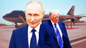 A photo illustration of Vladimir Putin and Donald Trump and Air Force One parked on the runway.