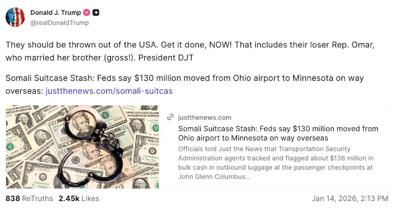 Trump's Truth Social post calling for Rep. Omar to be "thrown out" of the U.S.