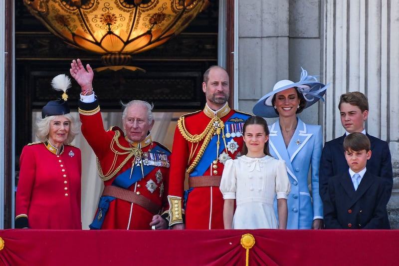 Britain's King Charles, Queen Camilla, Prince William, Kate, Princess of Wales, Prince George, Princess Charlotte and Prince Louis appear on the balcony of Buckingham Palace during the Trooping the Colour parade to honour Britain's King Charles, as part of the official birthday celebrations, in London, Britain, June 13, 2026. REUTERS/Chris J. Ratcliffe