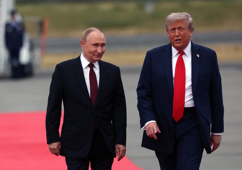 President Donald Trump welcomes Russian President Vladimir Putin to Joint Base Elmendorf-Richardson on August 15, 2025 in Anchorage, Alaska.
