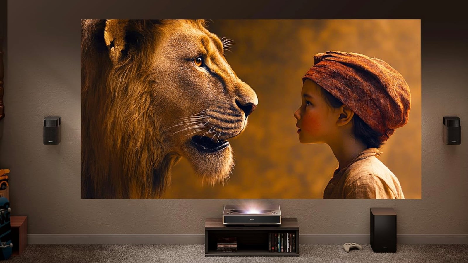 The Hisense PT1 Ultra Short throw projector sits next to the wall where its playing a vibrant scene from a movie– a child and a lion look at each other, inches apart.