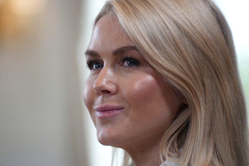 TURNBERRY, SCOTLAND - JULY 28: White House press secretary Karoline Leavitt looks on as U.S. President Donald Trump meets with British Prime Minister Keir Starmer (not pictured) at Trump Turnberry golf club on July 28, 2025 in Turnberry, Scotland. U.S. President Donald Trump is visiting his Trump Turnberry golf course, as well as Trump International Golf Links in Aberdeenshire, during a brief visit to Scotland from July 25 to 29. (Photo by Christopher Furlong/Getty Images)