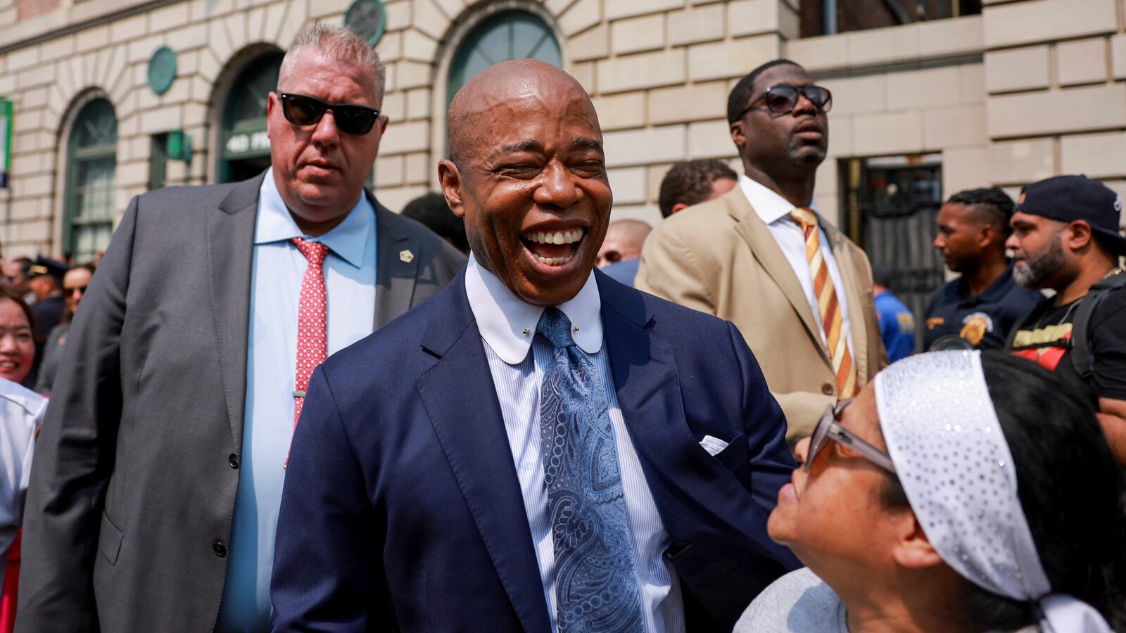 New York City Mayor Eric Adams smiles outside the 40th precinct after he announced First Deputy Commissioner Edward Caban as his choice to be the next New York City Police Department (NYPD) Commissioner