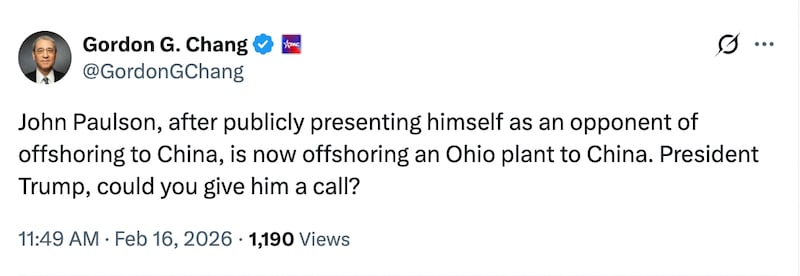 The conservative Gordon G. Chang is among the people calling out John Paulson over the factory closure.