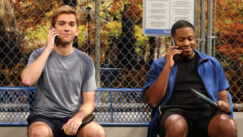 SATURDAY NIGHT LIVE -- Episode 1870 -- Pictured: (l-r) Andrew Dismukes and Devon Walker during the "Calling Dad" sketch on Saturday, November 9, 2024 --