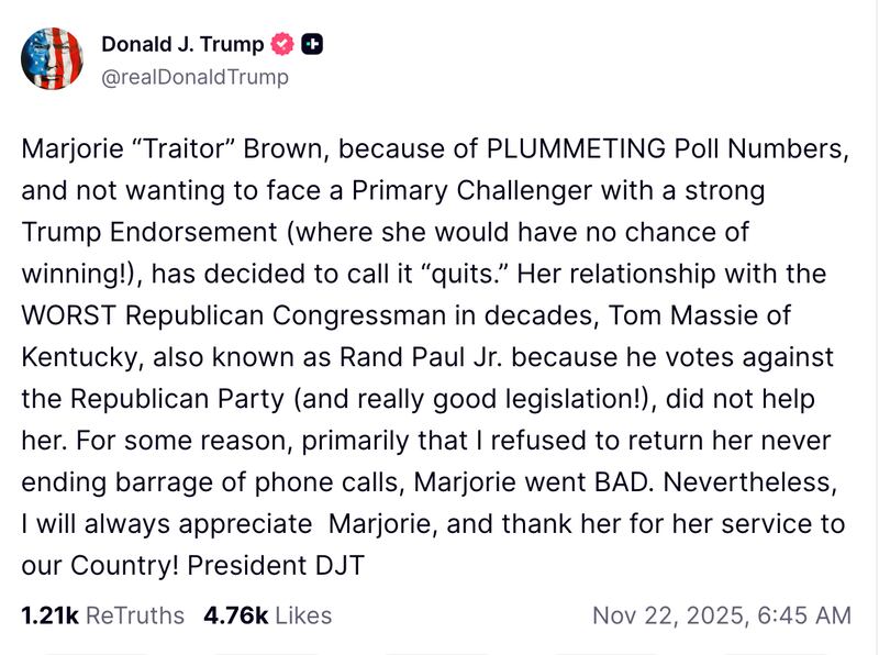 Donald Trump's Truth Social post on Marjorie Taylor Greene.